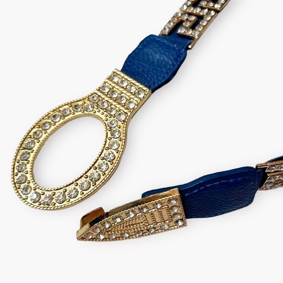 Vintage 80s Rhinestone Greek Key Blue Stretchy Belt - Picture 7 of 12